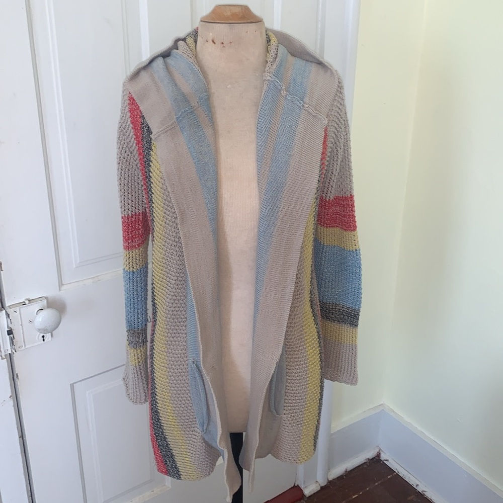 Vintage Havana Multi Colored Striped Knitted Open Cardigan With Hood S